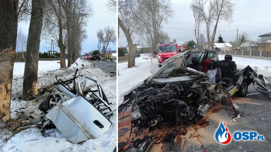 Samochód rozpadł się na części. 35-letni kierowca opla zginął na miejscu. OSP Ochotnicza Straż Pożarna