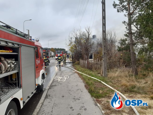 Drewniany dom stanął w ogniu. Właścicielka zdążyła uciec przed pożarem. OSP Ochotnicza Straż Pożarna