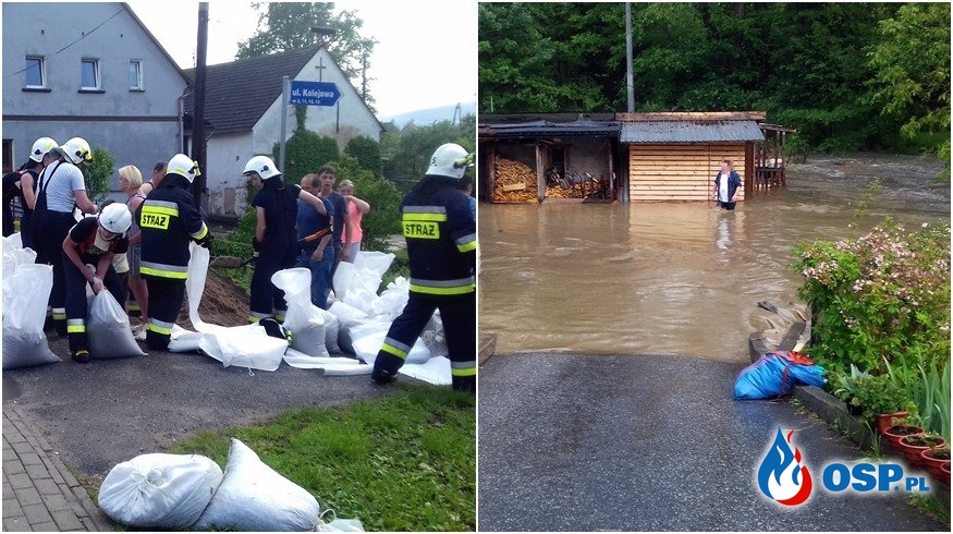 Wezbrany potok zalał domy w Domaszkowie. Strażacy pomagali mieszkańcom. OSP Ochotnicza Straż Pożarna