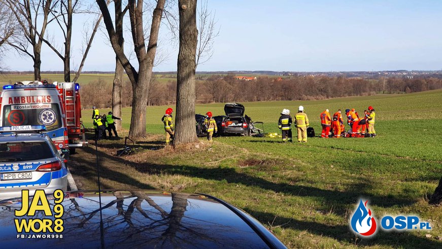 Trzech mężczyzn zginęło, czwarty walczy o życie. Audi rozbiło się na drzewie. OSP Ochotnicza Straż Pożarna