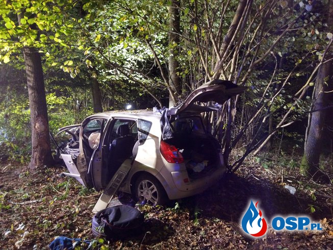 Tragiczny wypadek na leśnej drodze. Samochód rozbił się na drzewie. OSP Ochotnicza Straż Pożarna
