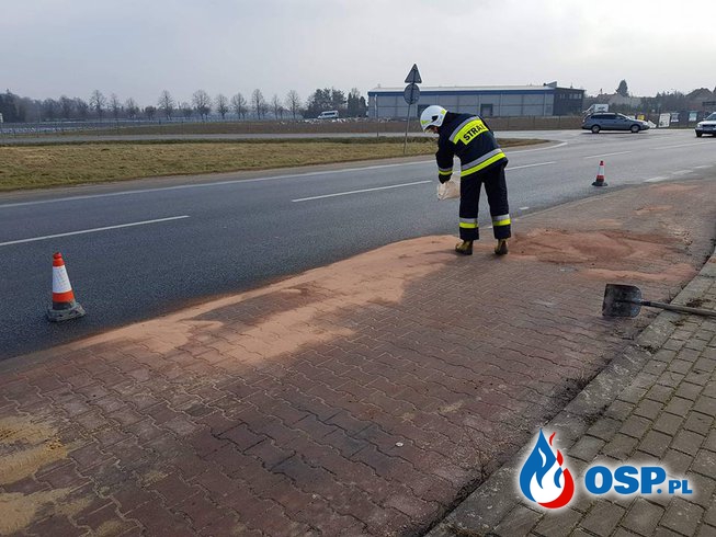Neutralizacja plamy oleju na przystanku autobusowym. OSP Ochotnicza Straż Pożarna