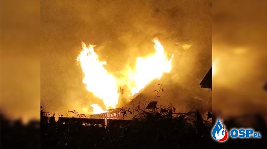 Drewniany dom stanął w ogniu. Lokatorka zdążyła uciec przed pożarem. OSP Ochotnicza Straż Pożarna