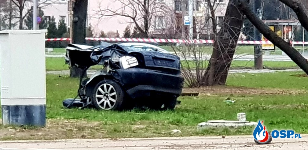 Audi uderzyło w słup i rozpadło się na części. Zginęło trzech młodych mężczyzn. OSP Ochotnicza Straż Pożarna
