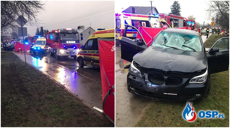 Dwie osoby zginęły potrącone przez BMW. Auto wjechało w grupę pieszych na chodniku. OSP Ochotnicza Straż Pożarna