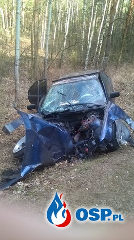 Poważny wypadek samochodu osobowego. OSP Ochotnicza Straż Pożarna