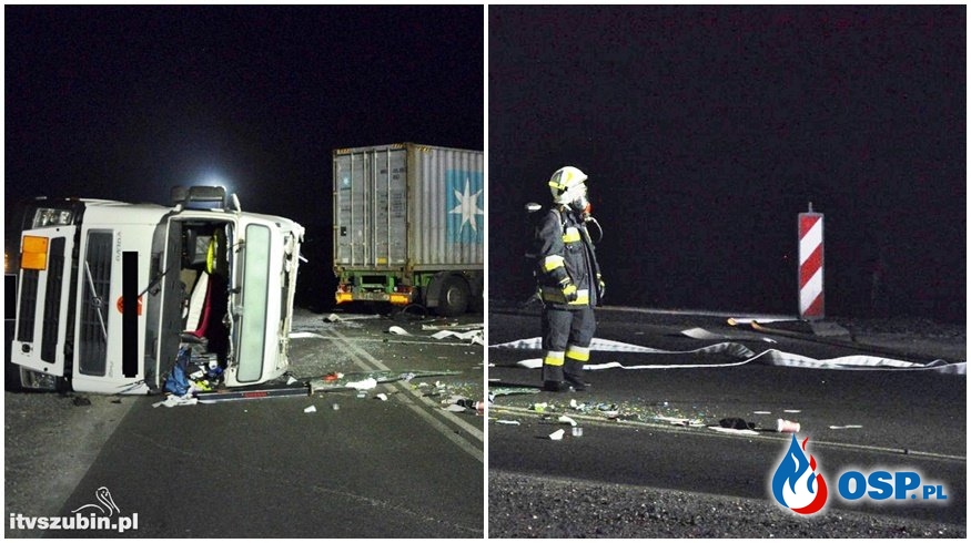 Zderzenie cysterny z ciężarówką. Wyciekło 14 tys. litrów toksycznej substancji. OSP Ochotnicza Straż Pożarna