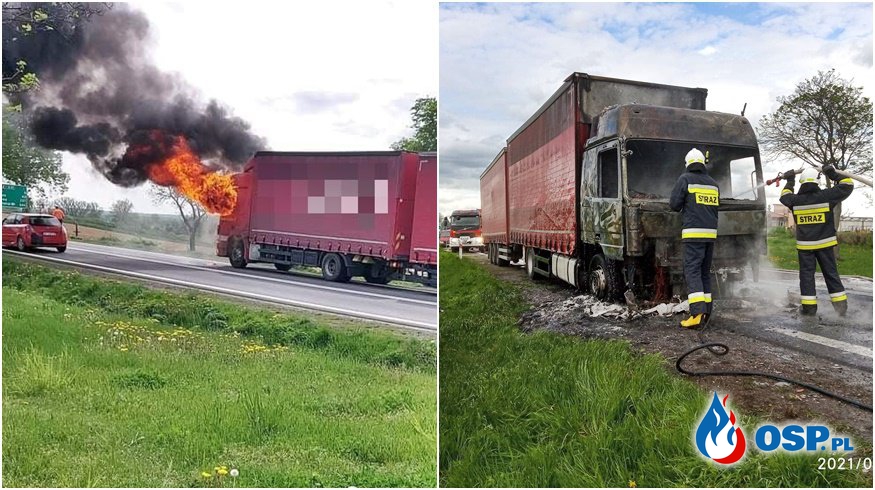 Pożar ciężarówki na DK 8. Kabina doszczętnie spłonęła. OSP Ochotnicza Straż Pożarna