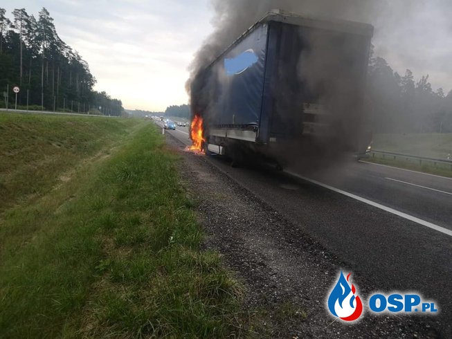Pożar ciężarówki z drewnem na trasie S7. W akcji 5 zastępów strażaków. OSP Ochotnicza Straż Pożarna
