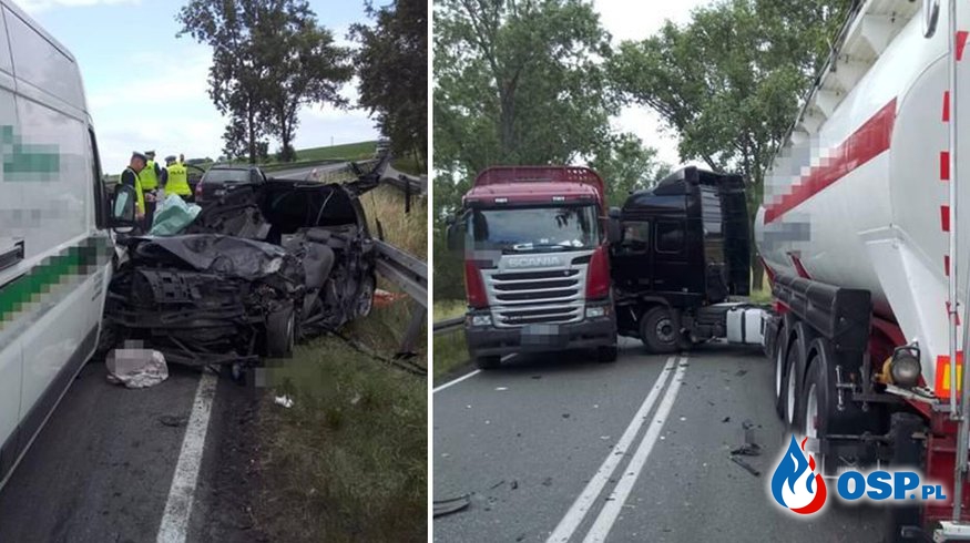 Czołowe zderzenie osobowego renault i ciężarówki. Nie udało się uratować życia 19-latka. OSP Ochotnicza Straż Pożarna