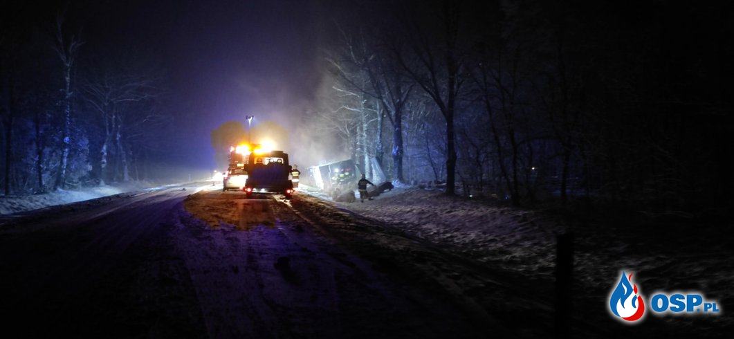 Wypadek ciężarówki przewożącej trzodę chlewną na Hucie OSP Ochotnicza Straż Pożarna