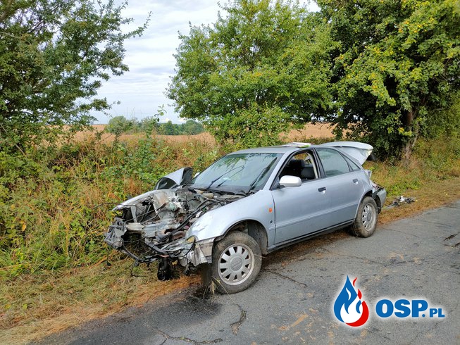 166/2021 Kolizja auta z drzewem - siła uderzenia wyrwała silnik OSP Ochotnicza Straż Pożarna