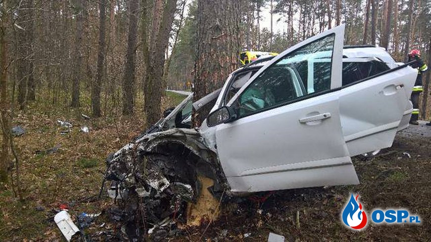 Wypadek śmiertelny na DW 244. Opel astra rozbity na drzewie. OSP Ochotnicza Straż Pożarna