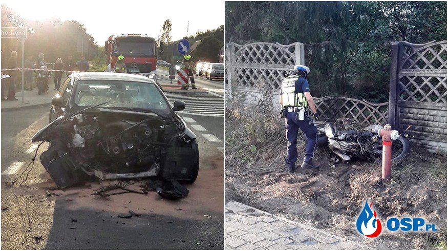 BMW zderzyło się z motocyklem. Zginęło dwóch mężczyzn. OSP Ochotnicza Straż Pożarna