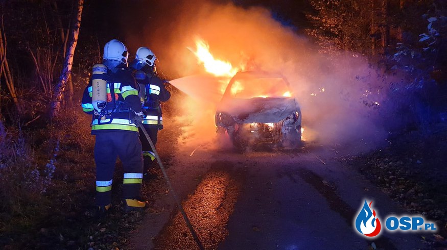 Pożar samochodu w Zarzeczu. Auto doszczętnie spłonęło. OSP Ochotnicza Straż Pożarna