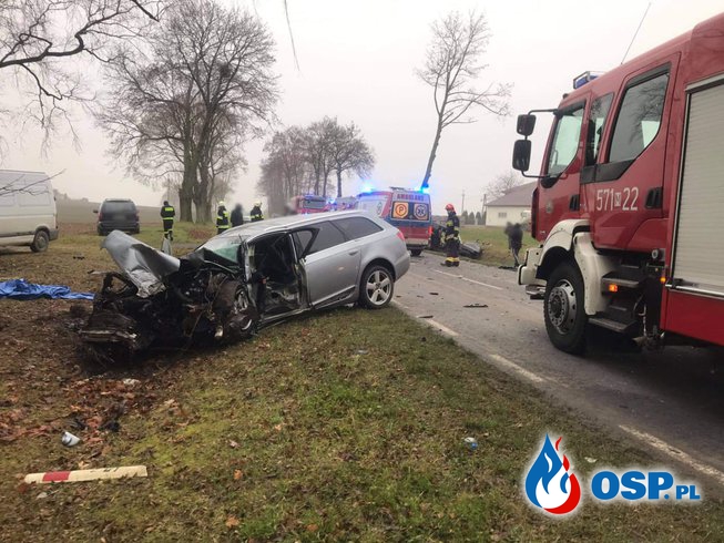 Czołowe zderzenie dwóch aut pod Płońskiem. Dwie osoby trafiły do szpitala. OSP Ochotnicza Straż Pożarna