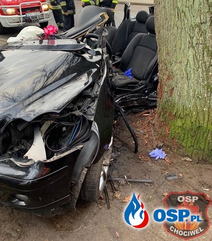 Mercedes roztrzaskał się na drzewie. Wśród rannych 4 dzieci. OSP Ochotnicza Straż Pożarna