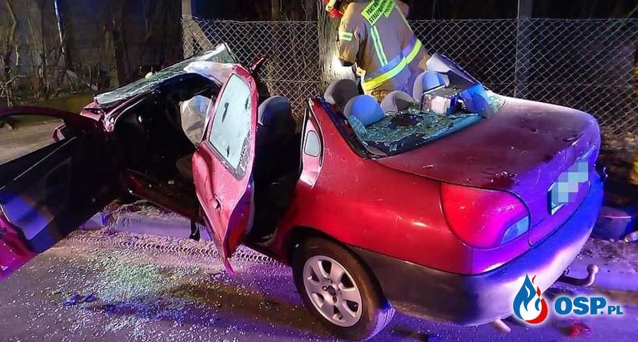 Pijany kierowca rozbił auto na drzewie. Nocny wypadek w Sierakowie. OSP Ochotnicza Straż Pożarna