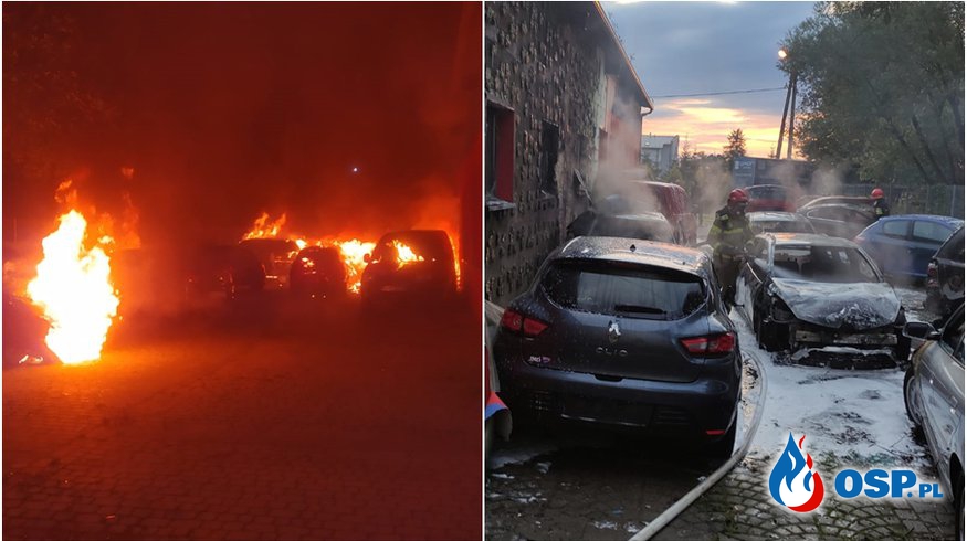 Groźny pożar w Myślenicach. Aż 11 pojazdów uszkodzonych przez ogień. OSP Ochotnicza Straż Pożarna