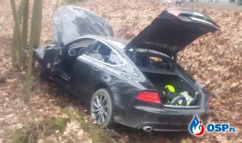 Audi A5 wypadło z drogi. W środku dwóch, pijanych mężczyzn. OSP Ochotnicza Straż Pożarna