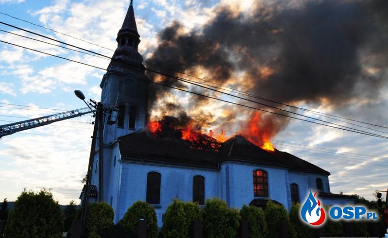 Pożar kościoła w starych Nieboczowach. OSP Ochotnicza Straż Pożarna