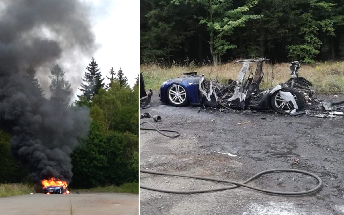 Pożar Tesli, samochód elektryczny doszczętnie spłonął